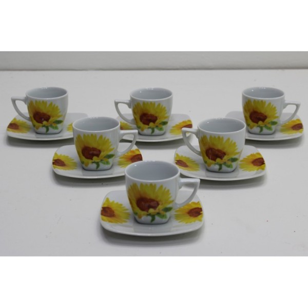 Set 6 Tazze Quadre da Caffè in Porcellana con Piattino  Decorazione Girasoli