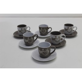 Set Love 6 Tazze da Caffè in Porcellana con Piattino in Ceramica Colore Bianco e Tortora