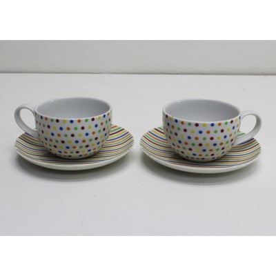 Set 2 Tazze da Colazione in Porcellana con Piattino Decorazione Pois Colorati