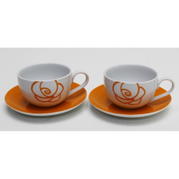 Set 2 Tazze da Colazione in Porcellana con Piattino Decoro Arancio